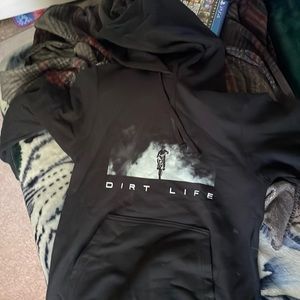 Dirt bike hoodie with saying “dirt life” underneath image of dirt bike.